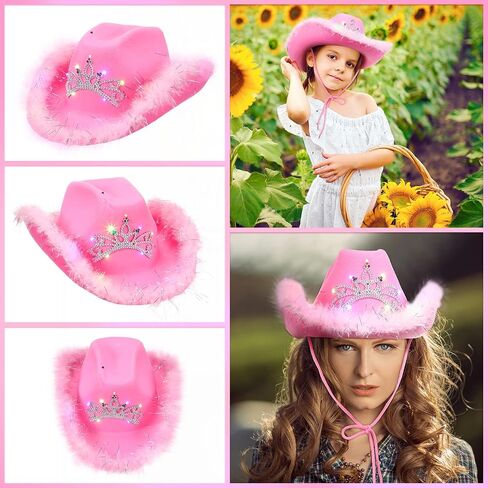 3 Pieces Light-Up Blinking Crown Pink Cowgirl Hats with Tiara Neck Drawstring Felt Cowboy Costume Accessories (Natural Style, Adult Size) in Saudi Arabia