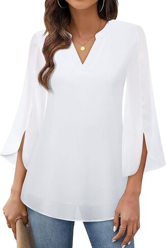Timeson Women's 3/4 Sleeve Chiffon Blouse Shirt V Neck Dressy Tunic Tops in Kuwait