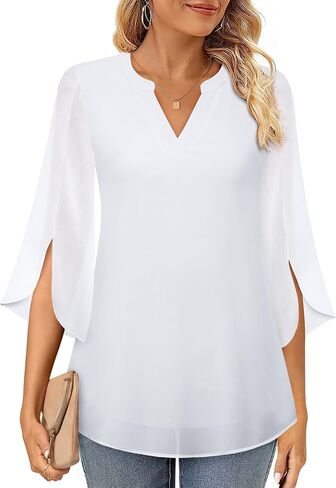 Timeson Women's 3/4 Sleeve Chiffon Blouse Shirt V Neck Dressy Tunic Tops in Kuwait