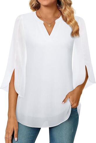 Timeson Women's 3/4 Sleeve Chiffon Blouse Shirt V Neck Dressy Tunic Tops in Kuwait
