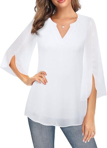 Timeson Women's 3/4 Sleeve Chiffon Blouse Shirt V Neck Dressy Tunic Tops in Kuwait