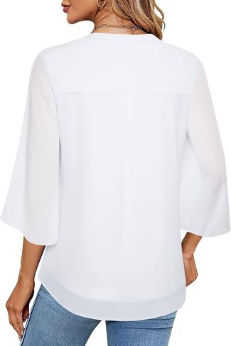 Timeson Women's 3/4 Sleeve Chiffon Blouse Shirt V Neck Dressy Tunic Tops in Kuwait