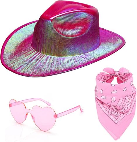 Holographic Pink Space Cowgirl Hat with Heart Glasses Bandana Metallic Neon Rave Sparkly Women Cowboy Hats Rodeo Party(Hot Pink) in Kuwait