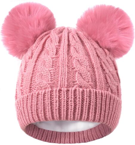 Yseoul Kids Winter Beanie Hat, Toddler Warm Fleece Lined Knit Thick Beanies Cap with Double Pom Pom for Boys Girls in Saudi Arabia
