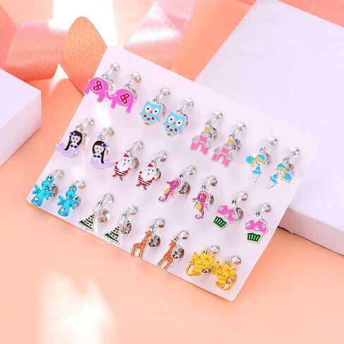 aganippe 16/20/24 أزواج الفتيات كليب على الأقراط لطيف تتدلى قطرة كليب على الأقراط للفتيات غير ثقب الأقراط مجموعة مجوهرات للفتيات الصغيرات أقراط يونيكورن قوس قزح الأقراط حورية البحر الأقراط للأطفال in Kuwait