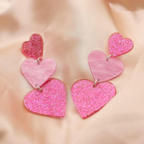 Simple Cute Pink Earrings Dangle for Women Teen Girls, Unique Lightweight Geometric Resin Three Pink Heart Dangle Drop Earrings Jewelry in Saudi Arabia