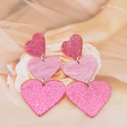 Simple Cute Pink Earrings Dangle for Women Teen Girls, Unique Lightweight Geometric Resin Three Pink Heart Dangle Drop Earrings Jewelry in Saudi Arabia