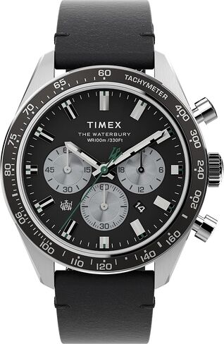 Timex Men’s Waterbury Diver Chronograph Automatic 41mm Watch – Black Dial Stainless Steel Case with Black Leather Strap in Saudi Arabia