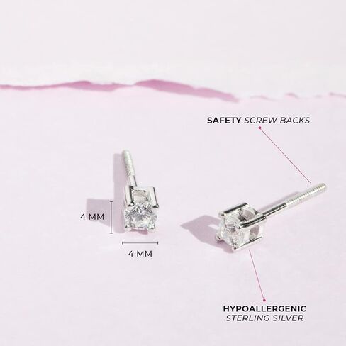 925 Sterling Silver Cubic Zirconia Round Screw Back Earrings for Toddlers & Little Girls 4mm - Timeless and Classic Stud Earrings Great for Everyday Wear - Hypoallergenic Safe for Young Girls in Saudi Arabia