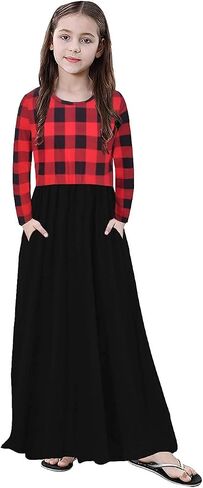 KYMIDY Girl Maxi Dress Kids Casual Buffalo Check Plaid Long Sleeve Dresses with Pockets(6-14yrs) in Kuwait