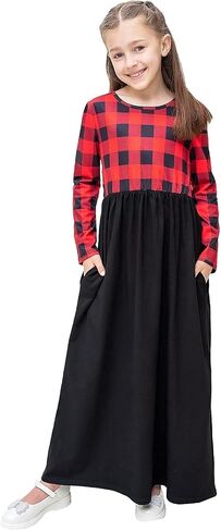 KYMIDY Girl Maxi Dress Kids Casual Buffalo Check Plaid Long Sleeve Dresses with Pockets(6-14yrs) in Kuwait
