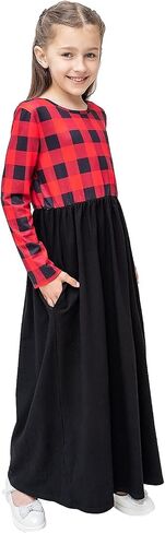 KYMIDY Girl Maxi Dress Kids Casual Buffalo Check Plaid Long Sleeve Dresses with Pockets(6-14yrs) in Kuwait