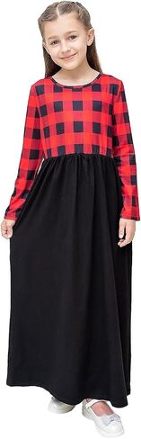 KYMIDY Girl Maxi Dress Kids Casual Buffalo Check Plaid Long Sleeve Dresses with Pockets(6-14yrs) in Kuwait