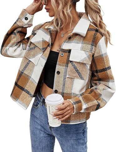 معطف قصير من قماش الفلانيل للسيدات من SCUSTY موضة الخريف ذو السترة القصيرة المنقوشة in Kuwait