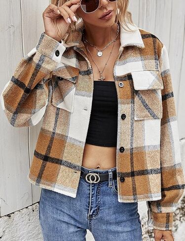 معطف قصير من قماش الفلانيل للسيدات من SCUSTY موضة الخريف ذو السترة القصيرة المنقوشة in Kuwait