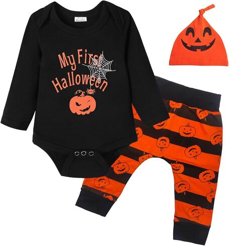 مجموعة ملابس Wosixima Baby Boys Girls My First Halloween Bat Toys من مجموعة سراويل اليقطين العنكبوتية مع قبعة للأطفال حديثي الولادة وحتى الرضع in Kuwait