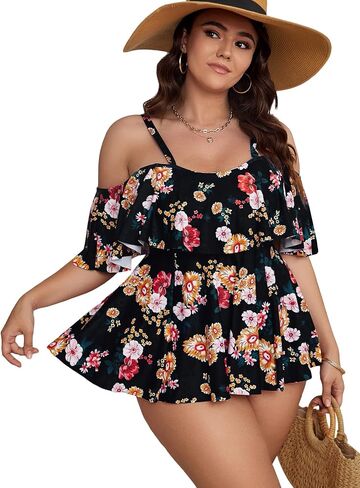 SOLY HUX حجم كبير 2 قطعة Tankini الأزهار طباعة ملابس السباحة كشكش تقليم بيكيني مجموعة البطن التحكم الجزء السفلي ثوب السباحة in Saudi Arabia