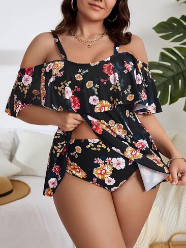 SOLY HUX حجم كبير 2 قطعة Tankini الأزهار طباعة ملابس السباحة كشكش تقليم بيكيني مجموعة البطن التحكم الجزء السفلي ثوب السباحة in Saudi Arabia