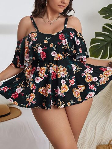 SOLY HUX حجم كبير 2 قطعة Tankini الأزهار طباعة ملابس السباحة كشكش تقليم بيكيني مجموعة البطن التحكم الجزء السفلي ثوب السباحة in Saudi Arabia
