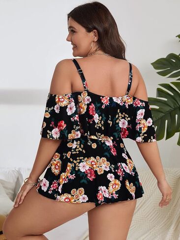 SOLY HUX حجم كبير 2 قطعة Tankini الأزهار طباعة ملابس السباحة كشكش تقليم بيكيني مجموعة البطن التحكم الجزء السفلي ثوب السباحة in Saudi Arabia