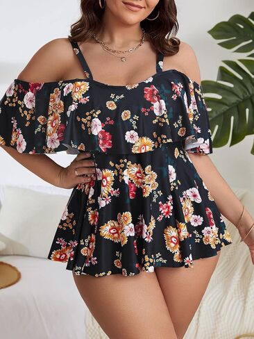 SOLY HUX حجم كبير 2 قطعة Tankini الأزهار طباعة ملابس السباحة كشكش تقليم بيكيني مجموعة البطن التحكم الجزء السفلي ثوب السباحة in Saudi Arabia