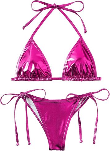 Women's Liquid Metallic Rainbow Bikini Sets Shiny String Padded Triangle 2 Pieces Swimsuit Set in Kuwait
