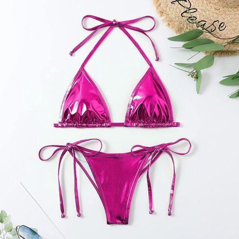 Women's Liquid Metallic Rainbow Bikini Sets Shiny String Padded Triangle 2 Pieces Swimsuit Set in Kuwait