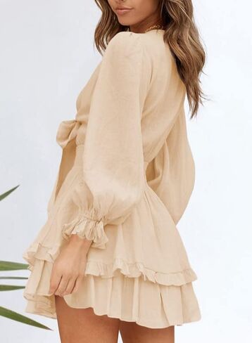 Dokotoo Womens 2024 Summer Deep V Neck Knotted Tiered Chiffon Elegant Mini Short Swing Skater Dresses in Kuwait