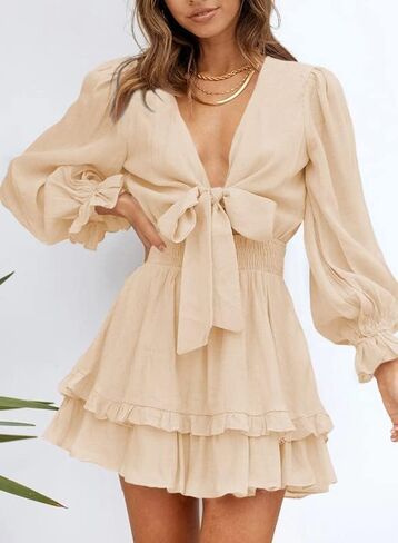 Dokotoo Womens 2024 Summer Deep V Neck Knotted Tiered Chiffon Elegant Mini Short Swing Skater Dresses in Kuwait