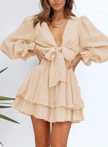 Dokotoo Womens 2024 Summer Deep V Neck Knotted Tiered Chiffon Elegant Mini Short Swing Skater Dresses in Kuwait
