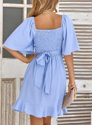 Dokotoo Women's Wrap V Neck Short Flared Sleeve Wedding Guest Dress Smocked Elastic Waist Tiered Belted Ruffle Hem Mini Dress in Saudi Arabia