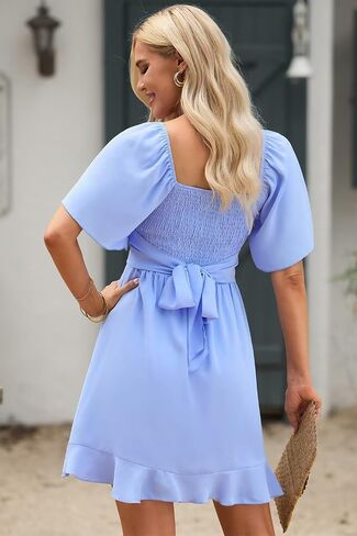 Dokotoo Women's Wrap V Neck Short Flared Sleeve Wedding Guest Dress Smocked Elastic Waist Tiered Belted Ruffle Hem Mini Dress in Saudi Arabia