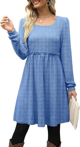 فستان XIEERDUO نسائي طويل الأكمام ورقبة مربعة وأكمام منتفخة وخصر مرن فساتين كاجوال in Kuwait