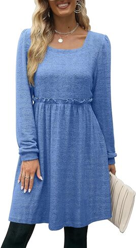 فستان XIEERDUO نسائي طويل الأكمام ورقبة مربعة وأكمام منتفخة وخصر مرن فساتين كاجوال in Kuwait