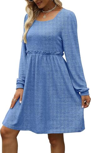 فستان XIEERDUO نسائي طويل الأكمام ورقبة مربعة وأكمام منتفخة وخصر مرن فساتين كاجوال in Kuwait