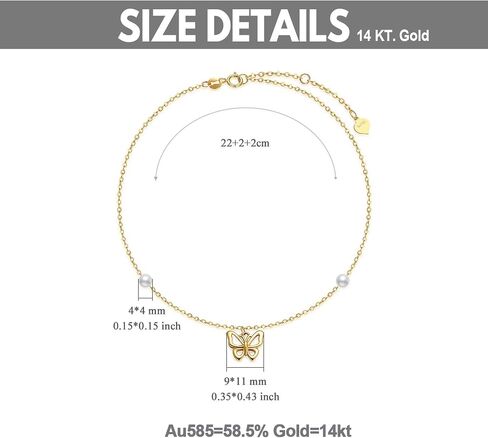 SISGEM 14k Gold Butterfly Anklets for Women, Real Pearl Fine Jewelry Ankle Bracelet Gifts for Her, 8.6+0.8+0.8 Inch in Saudi Arabia
