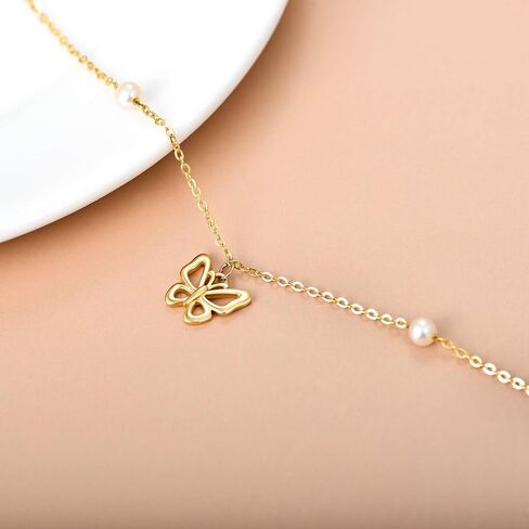 SISGEM 14k Gold Butterfly Anklets for Women, Real Pearl Fine Jewelry Ankle Bracelet Gifts for Her, 8.6+0.8+0.8 Inch in Saudi Arabia