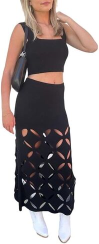 Women Crochet Knit 2 Piece Long Skirt Sets Hollow Out Crop Top Bodycon High Waist Side Slit Maxi Skirt Summer Sets in Saudi Arabia