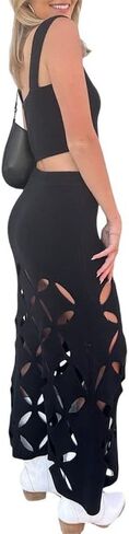 Women Crochet Knit 2 Piece Long Skirt Sets Hollow Out Crop Top Bodycon High Waist Side Slit Maxi Skirt Summer Sets in Saudi Arabia