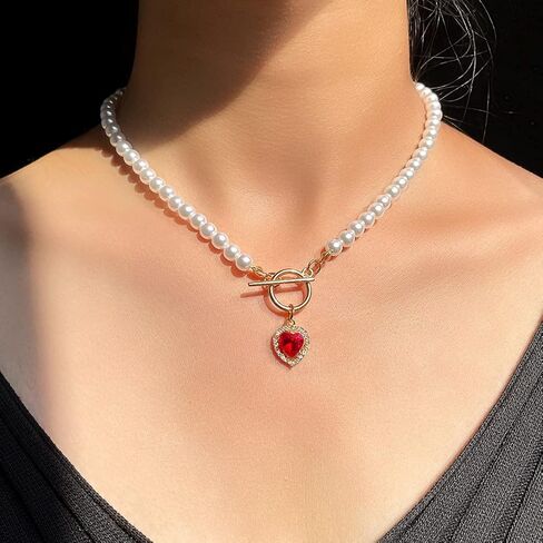 Asphire Vintage Pearl Necklace with Ruby Heart Pendant Elegant Bridal Crystal Gem Necklace Toggle Clasp Choker Necklace for Women Wedding Festival Gift in Saudi Arabia
