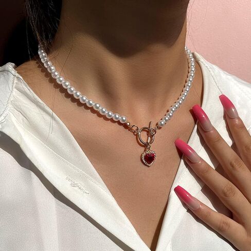 Asphire Vintage Pearl Necklace with Ruby Heart Pendant Elegant Bridal Crystal Gem Necklace Toggle Clasp Choker Necklace for Women Wedding Festival Gift in Saudi Arabia