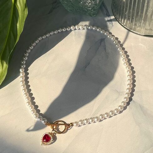 Asphire Vintage Pearl Necklace with Ruby Heart Pendant Elegant Bridal Crystal Gem Necklace Toggle Clasp Choker Necklace for Women Wedding Festival Gift in Saudi Arabia