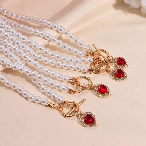 Asphire Vintage Pearl Necklace with Ruby Heart Pendant Elegant Bridal Crystal Gem Necklace Toggle Clasp Choker Necklace for Women Wedding Festival Gift in Saudi Arabia