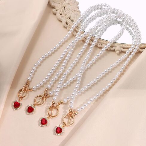 Asphire Vintage Pearl Necklace with Ruby Heart Pendant Elegant Bridal Crystal Gem Necklace Toggle Clasp Choker Necklace for Women Wedding Festival Gift in Saudi Arabia