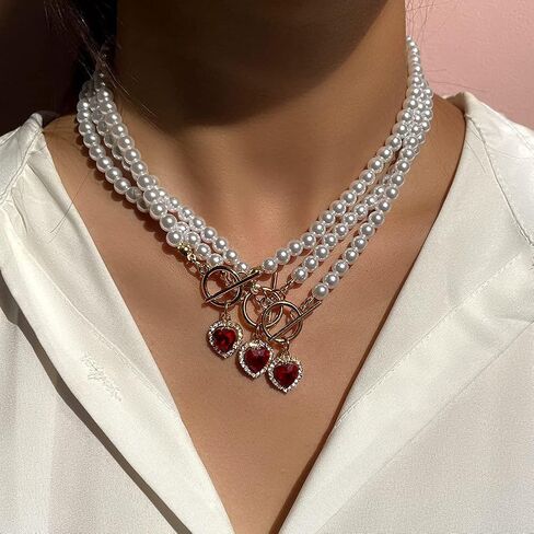 Asphire Vintage Pearl Necklace with Ruby Heart Pendant Elegant Bridal Crystal Gem Necklace Toggle Clasp Choker Necklace for Women Wedding Festival Gift in Saudi Arabia