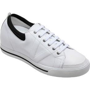 TOTO Men's Invisible Height Increasing Elevator Shoes - White/Black Leather Lace-up Sneakers - 2.4 Inches Taller - D8171