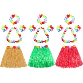 3 Set Grass Skirts for Kids Girls Elastic Hawaiian Hula Dancer Grass Skirt with Flower Leis for Luau Party Costume Set Multicoloured in Saudi Arabia