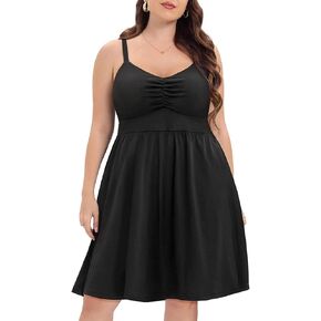 Pinup Fashion Summer Dresses for Women Plus Size Sleeveless Adjustable Spaghetti Strap Casual Swing Sundress with Pockets