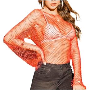 Fstrend المرأة شبكة حجر الراين كم طويل انظر من خلال التستر المحاصيل قمم مثير شبكة صيد السمك بيكيني الشاطئ الجسم الملحقات للنساء والفتيات (برتقالي) in Kuwait