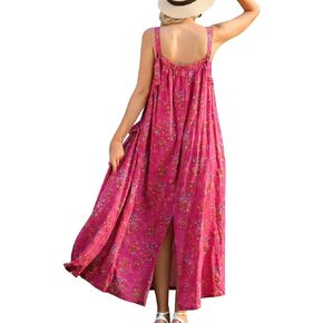 YESNO Maxi Dress for Women with Pockets Boho Summer Dress with Wide Adjustable Buttoned Strap E96